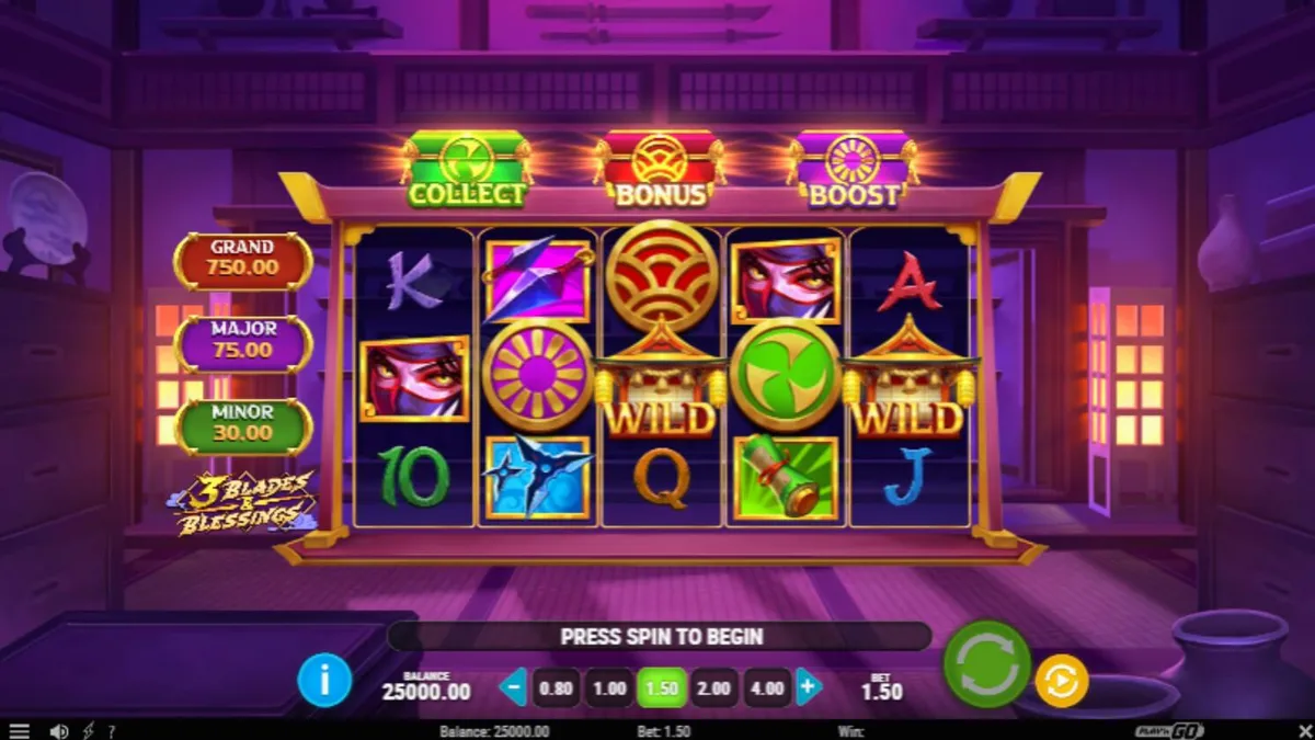 Pemandangan malam hari dengan elemen ninja dan bunga sakura dalam slot 3 Blades & Blessing
