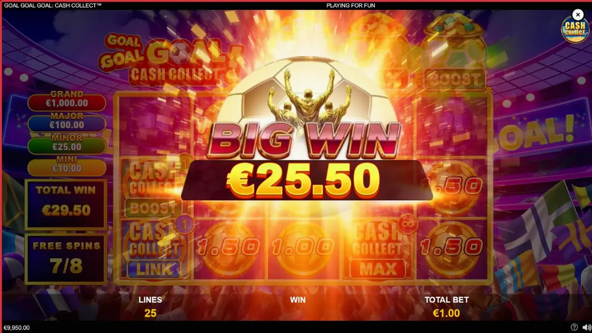 Tampilan layar permainan slot Goal Goal Goal: Cash Collect dengan tema stadion sepak bola