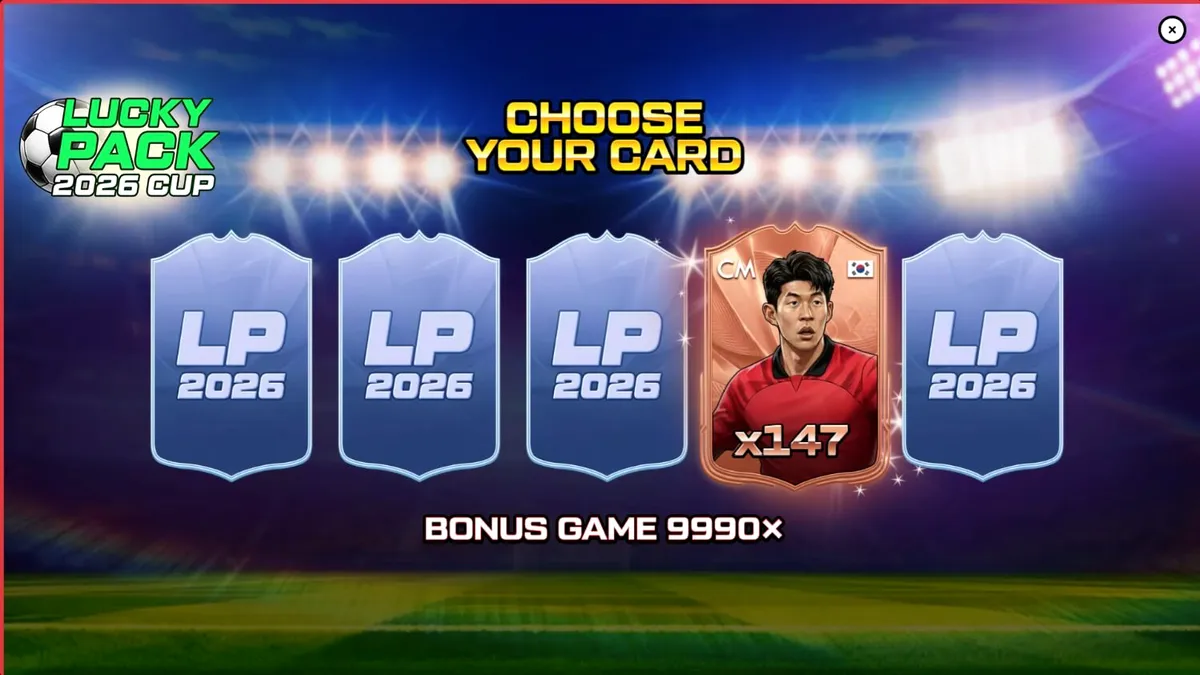 Tampilan visual permainan slot Lucky Pack 2026 Cup dengan tema stadion sepak bola.